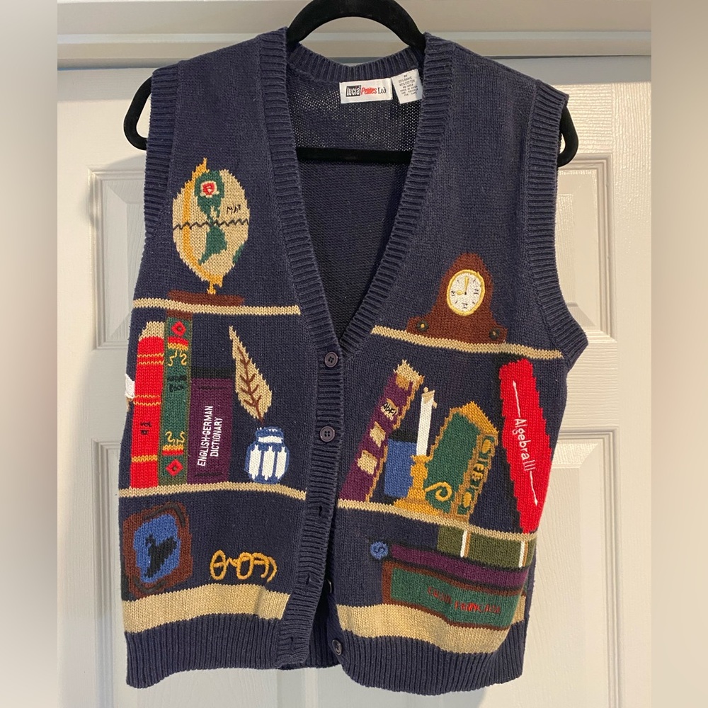 Colorful Knit Vest with Book Motif